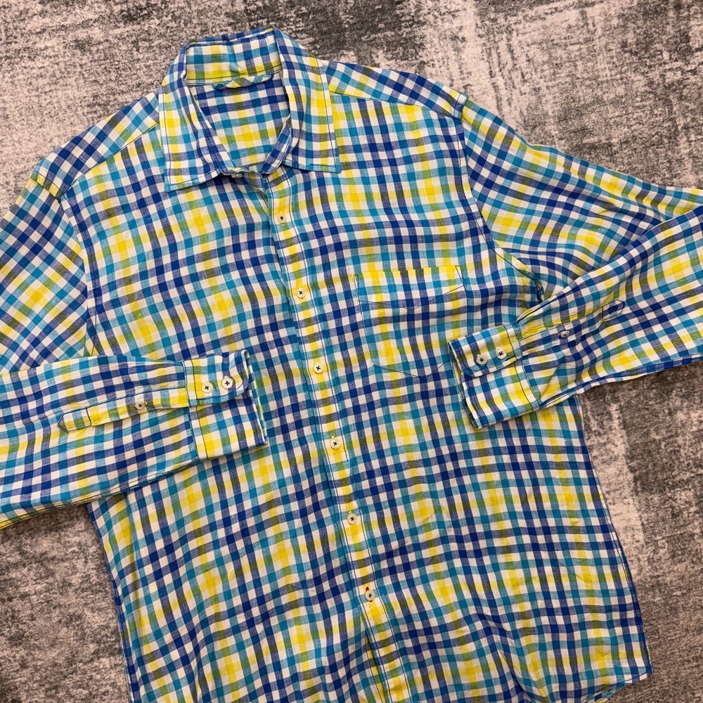 Boden Shirt Mens XL Blue Yellow Check Linen Button Up Preppy Coastal Beach Derby